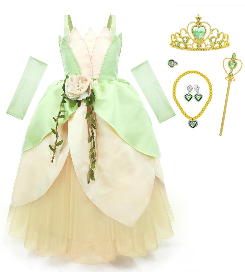 CQDY Princess Tiana Costume for Girls Fancy Fairy Frog Halloween Party Dress Up Toddler with Hair Accessories - Image 1